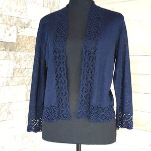 Norton McNaughton VTG Boho Sweater SM, Dark Blue Crochet Lace Trim 3/4 Sleeves